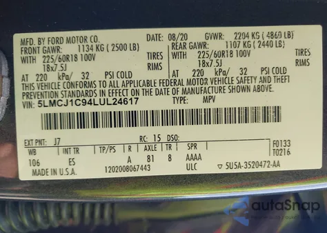 2020 Lincoln Corsair Standard from USA, damaged, VIN 5LMCJ1C94LUL24617